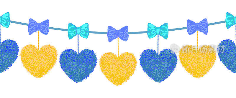 Decortive elements with pom-poms in the shape of a heart and bows